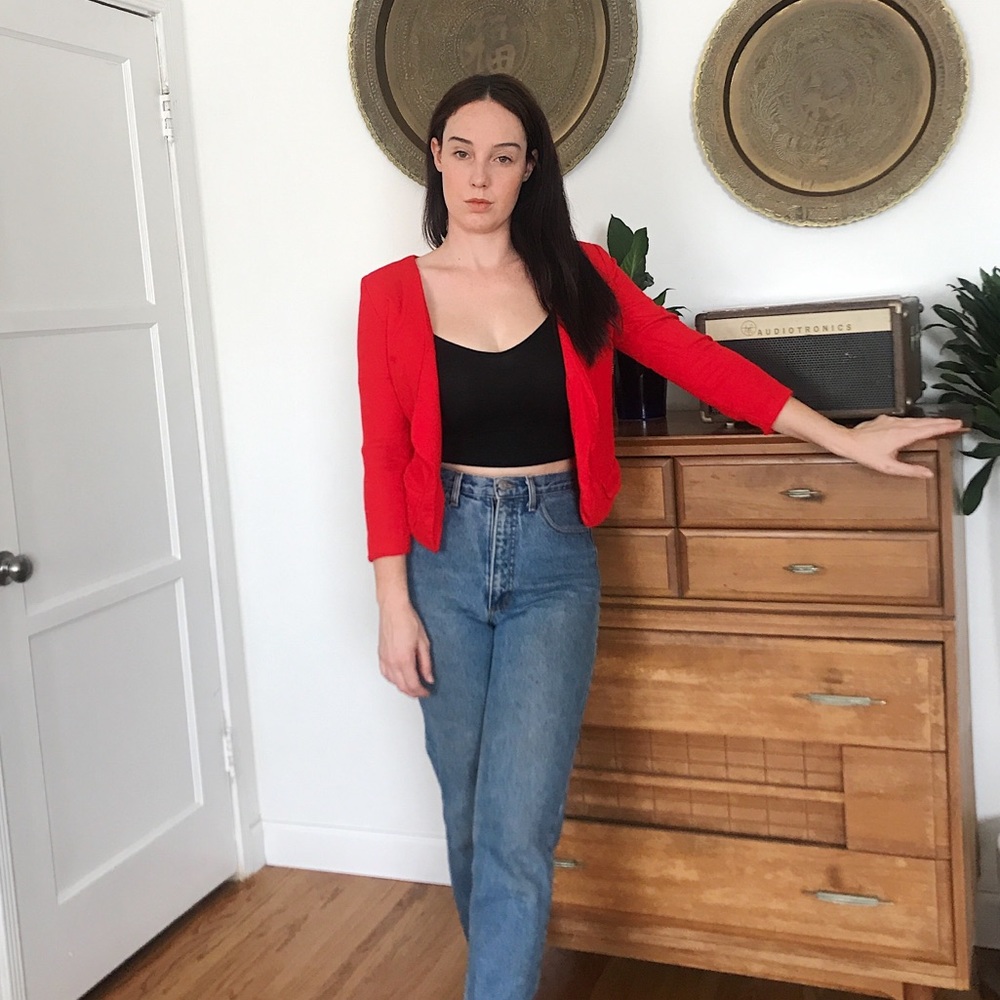 Red cropped sleeve blazer